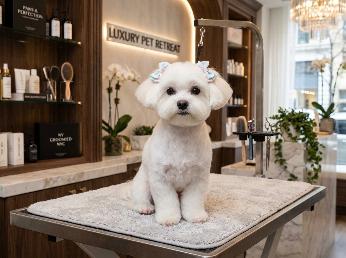 Dog getting styled with shears by an experienced groomer