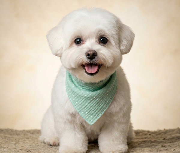 Adorable young puppy sitting calmly on an exam grooming table