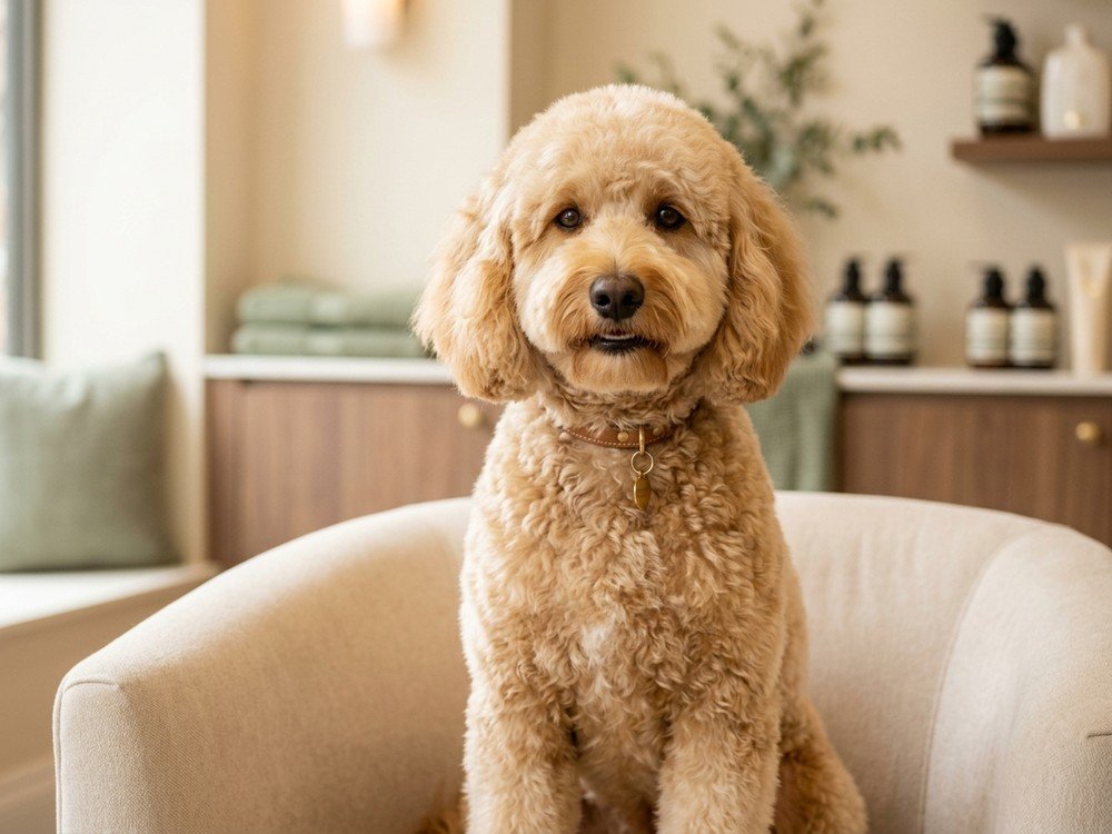 Happy dog receiving a gentle bath and blow dry at professional salon